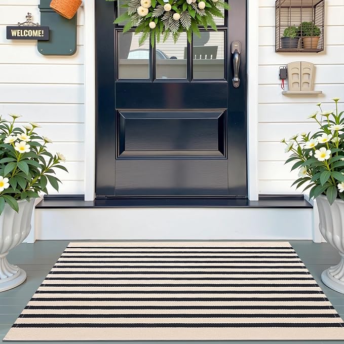 OLANLY Beige and Black Striped Rug 2'4" x 3'7" – Washable Cotton Doormat by OLANLY