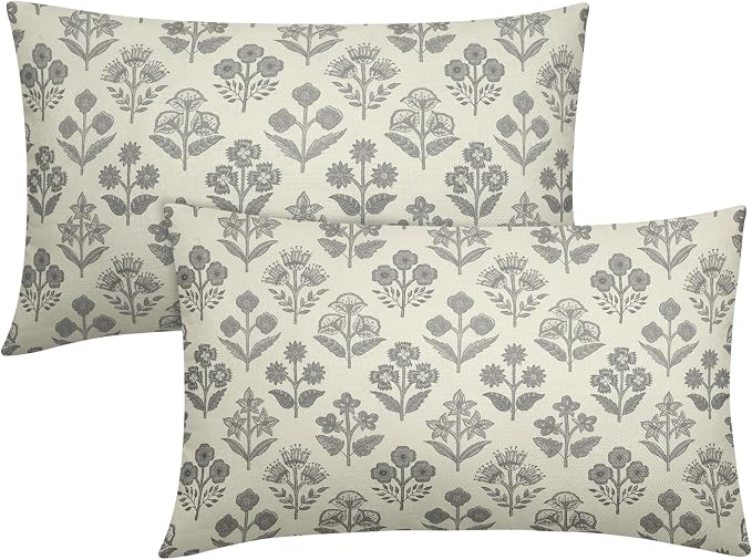 Grey Gray Floral Pillow Covers 12x20 Inch Set of 2, Block Print Lumbar Flower by Sivirary