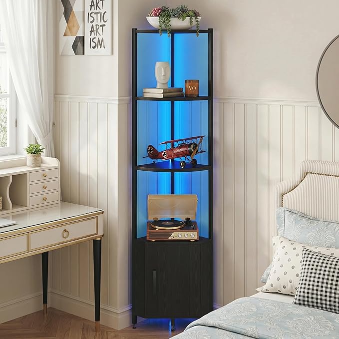 Corner Shelf with Storage, LED Lights 6-Tier Corner Bookshelf - Image 5