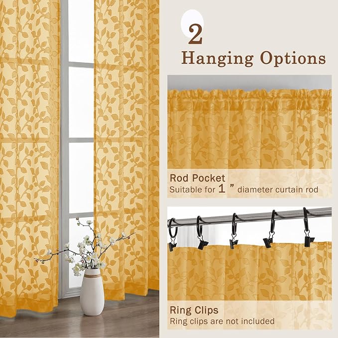Chyhomenyc Gold Sheer Curtains 72 Inches Long 2 Panels Set, Light Filtering - Image 6
