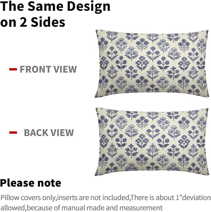 Navy Blue Floral Pillow Covers 12x20 Inch Set of 2, Block Print Lumbar Flower - Image 4