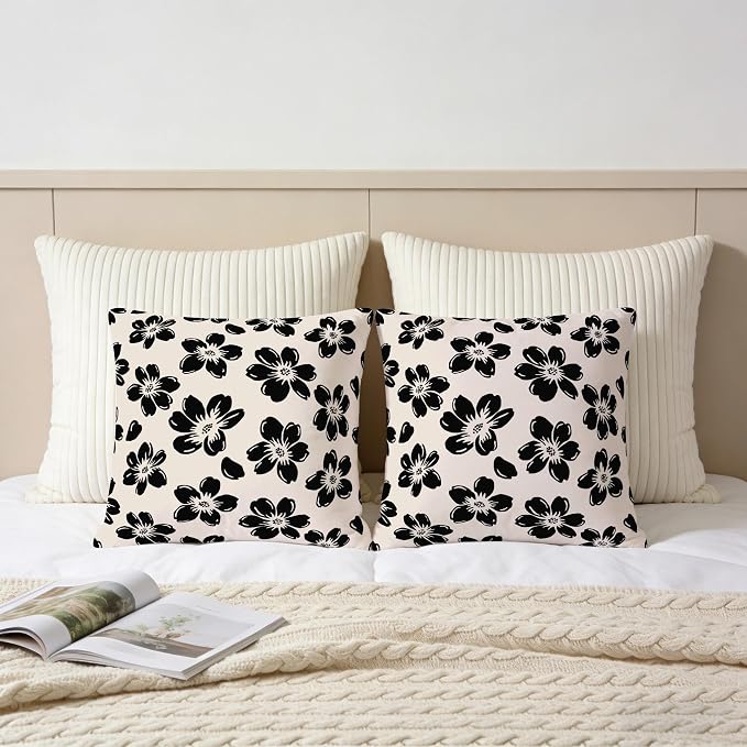 Decorative Black Floral Throw Pillow Covers 18 x 18 Inch Set of 2 - Image 6