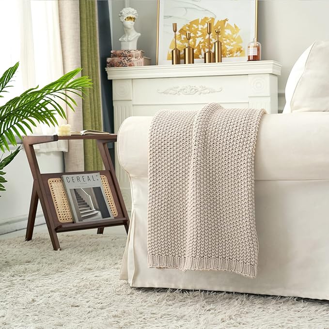 Chunky Cable Knit Throw Blanket Lightweight Beige 100% Organic Cotton Blanket - Image 2
