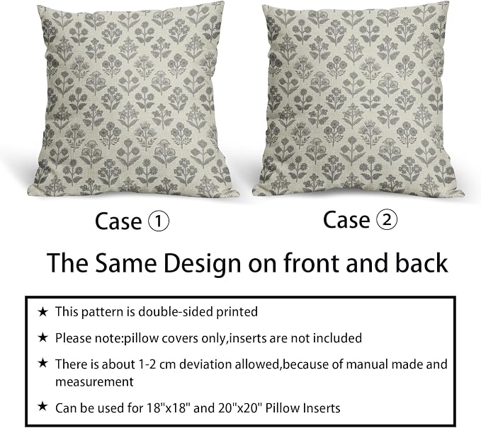Grey Gray Floral Pillow Covers 18x18 Inch Set of 2, Vintage Flower Block Print - Image 6