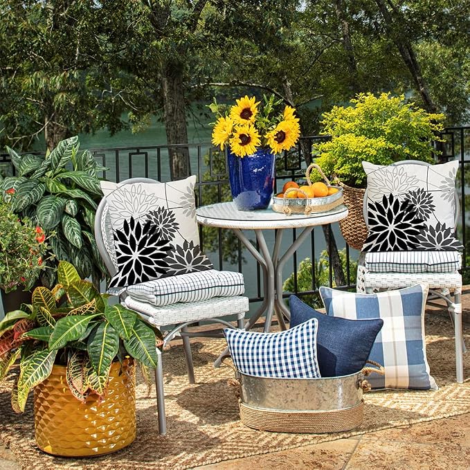 Black Grey Floral Pillow Covers 16x16 Set of 2 Outdoor Waterproof White Colored - Image 5