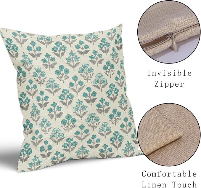 Teal Grey Gray Floral Block Print Pillow Covers 20x20 Inch Set of 2, Vintage - Image 4