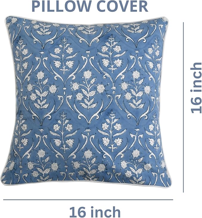 Ridhi Block Print Cornflower Blue Pillow Cover 16" x 16" Decorative Couch - Image 4