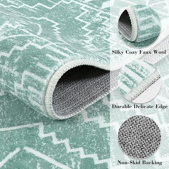 Wonnitar Moroccan 2'6"x8' Washable Kitchen and Bathroom Rug, Sage Green Boho - Image 3
