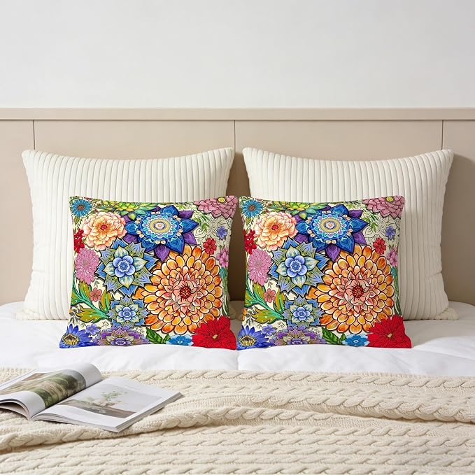 Colorful Boho Mandala Floral Throw Pillow Covers 18x18 Set of 2, Spring Easter - Image 5