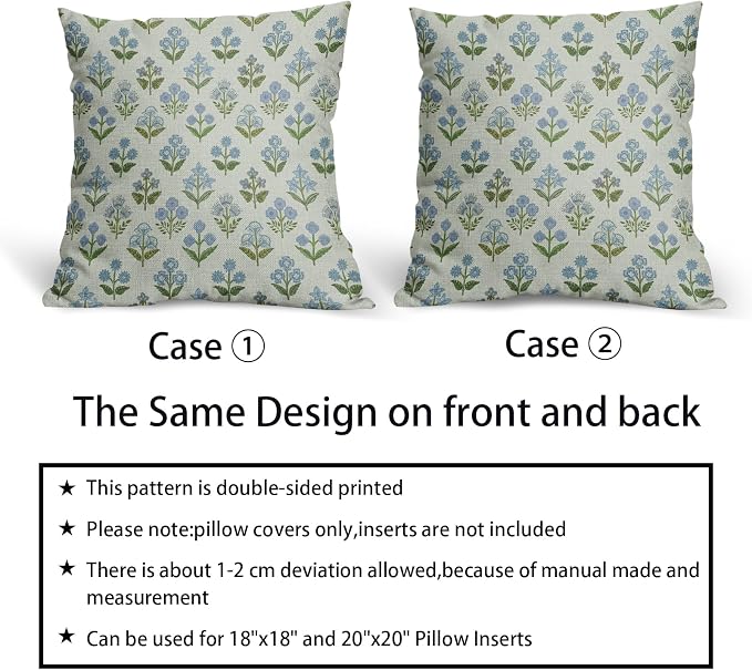 Blue Green Block Print Pillow Covers 24x24 Inch Set of 2, Vintage Floral Spring - Image 6