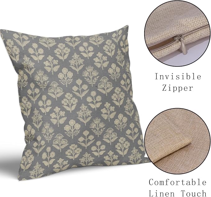 Grey Gray Floral Block Print Pillow Covers 18x18 Inch Set of 2, Vintage Flower - Image 4