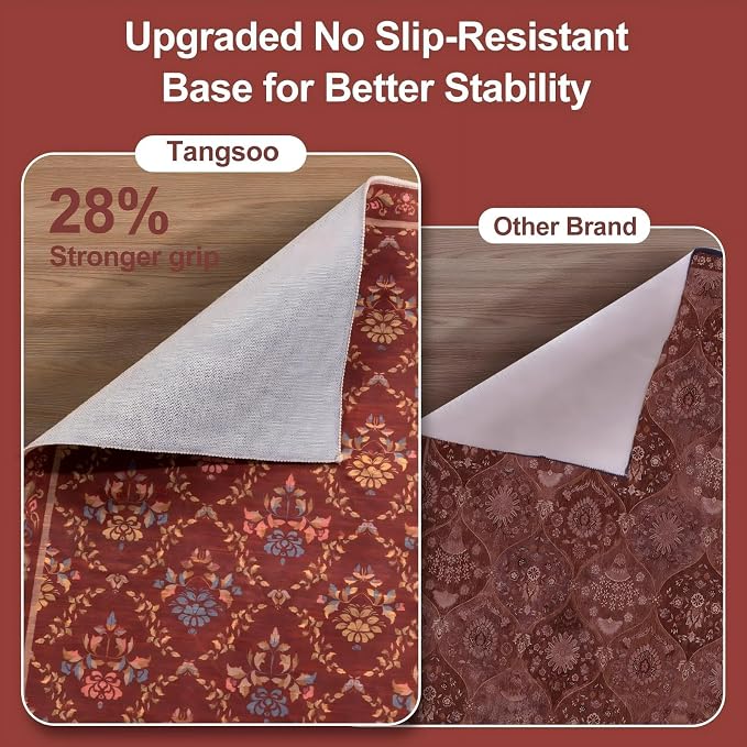 Tangsoo 5x7 Washable Area Rug, Non Slip Red Floral Indoor Rug, Soft Low Pile - Image 7