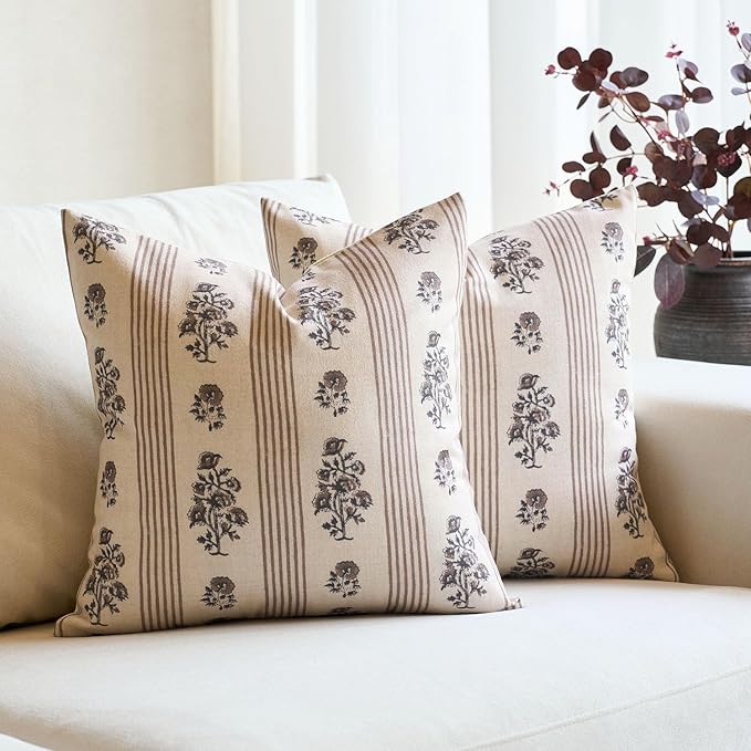 Amor Virisso Floral Throw Pillow Covers 22x22 Set of 2 Block Print Pillow by AffordableFloralPrintMaker