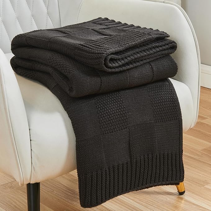 CozeCube Check Knit Throw Blanket, Jet Black Checkered Throw by CozeCube