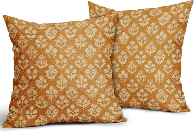 Mustard Yellow Floral Block Print Pillow Covers 18x18 Inch Set of 2, Vintage - Image 2