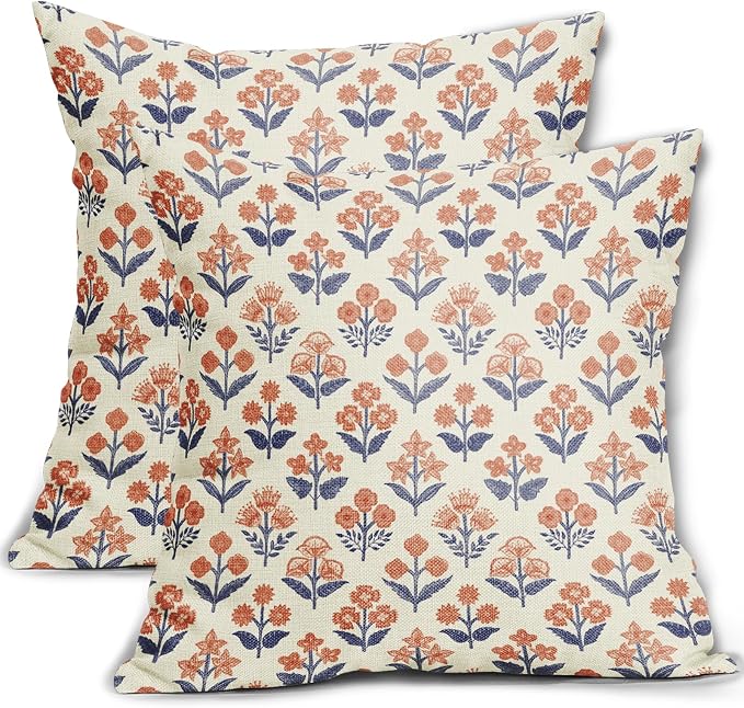 Navy Blue Orange Floral Block Print Pillow Covers 24x24 Inch Set of 2, Fall by Sivirary
