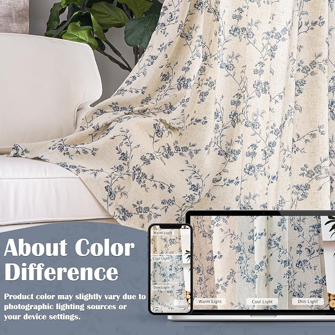 Lazzzy Linen Farmhouse Curtains Blue Floral Curtains 63 Inch Length Back Tab - Image 6