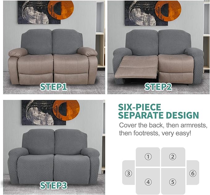 YEMYHOM 6 Pieces Stretch Loveseat Recliner Slipcover Jacquard Recliner Sofa - Image 6