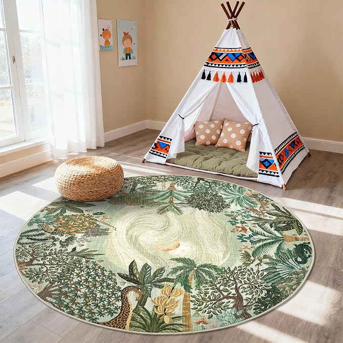 GarveeHome Round Area Rugs 8ft for Living Room, Large Green Jungle Washable - Image 7