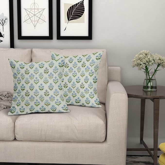 Blue Green Block Print Pillow Covers 24x24 Inch Set of 2, Vintage Floral Spring - Image 7