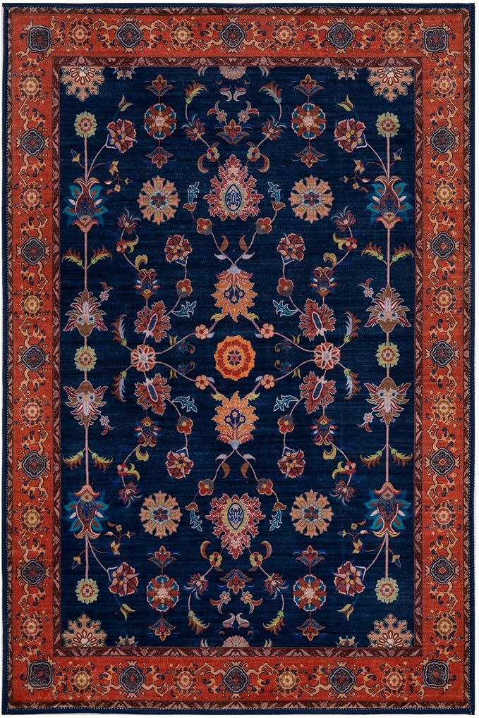 Tangsoo Floral Area Rug 6x9 Machine Washable Red Blue Rug Non-Slip Vintage - Image 8