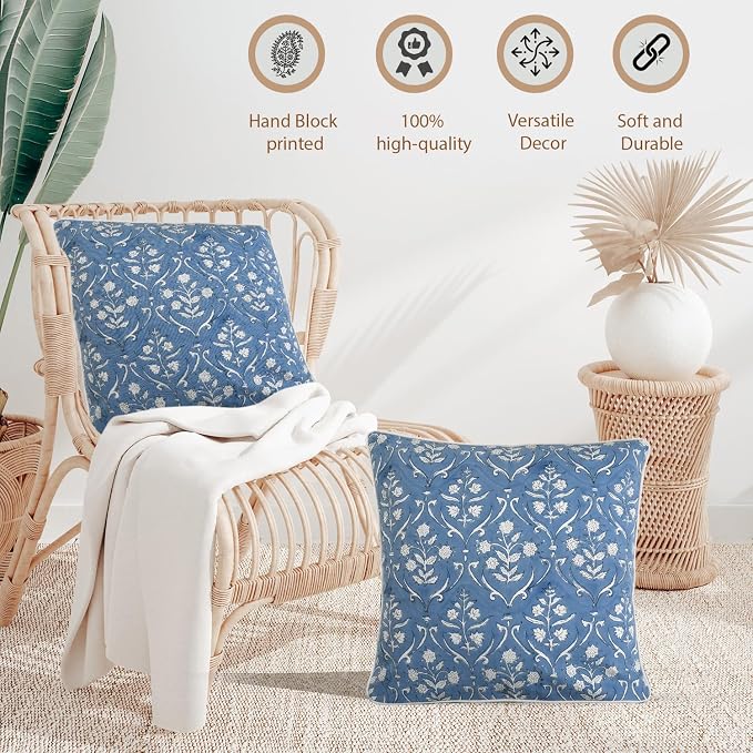 Ridhi Block Print Cornflower Blue Pillow Cover 24" x 24" Decorative Couch - Image 9