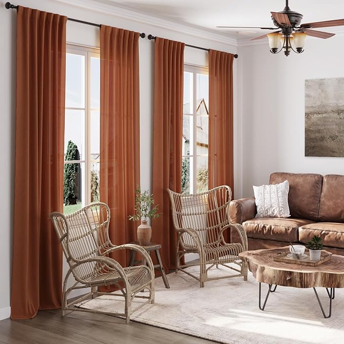 Terracotta Linen Blend Drapes 84 Inch Length 2 Panels Set Back Tab Rod Pocket - Image 2