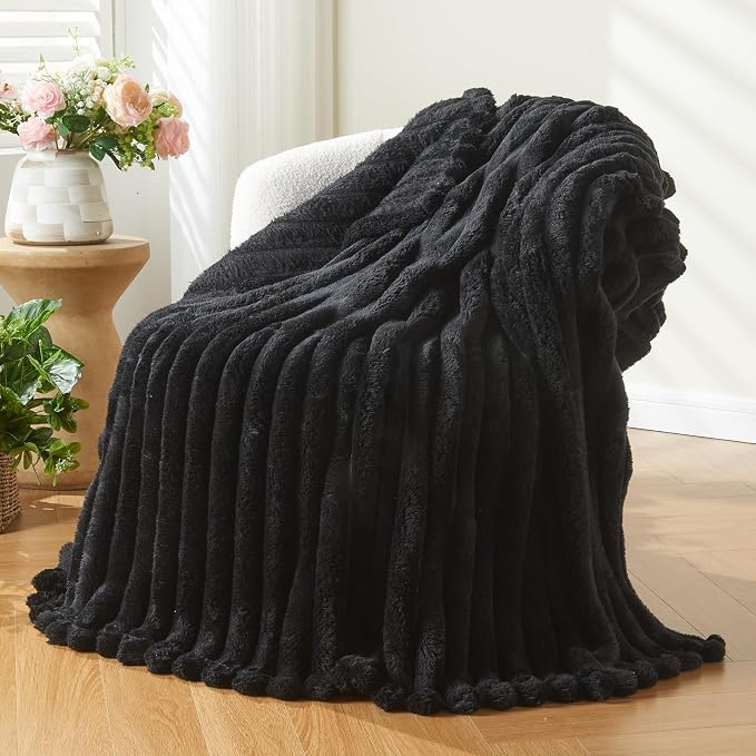 NEWCOSPLAY Super Soft Twin Blanket Black Premium Silky Flannel Fleece 3D Ribbed by NEWCOSPLAY