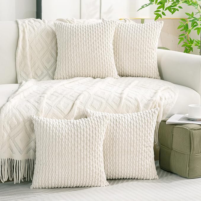 Set of 4 Cream White Decorative Throw Pillow Covers 20x20 Inch Corduroy Pillow - Image 2
