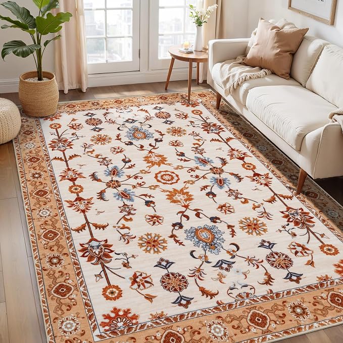 Tangsoo Floral Area Rug 3x5 Machine Washable Orange Rug Non-Slip Vintage by Tangsoo