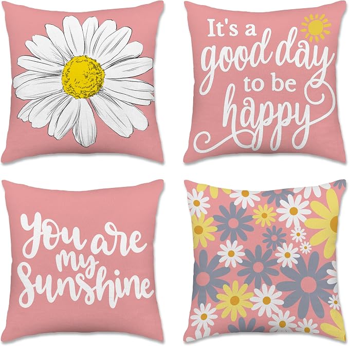 Hexagram Spring Summer Pillow Covers 18x18 Set of 4, Outdoor Floral Daisy by Hexagram