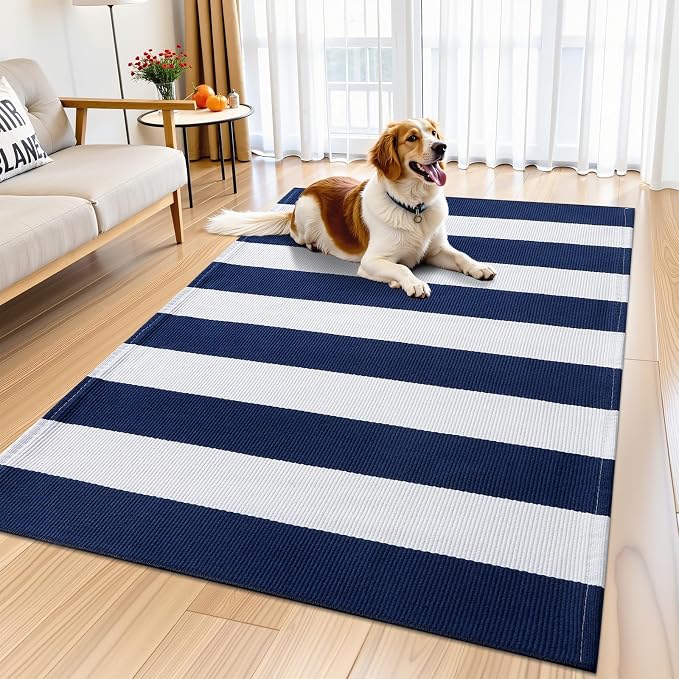 OLANLY Navy and White Striped Rug 3' x 5' – Washable Cotton Indoor Outdoor - Image 8