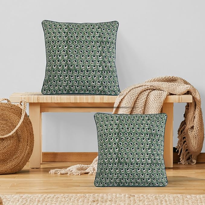 Ridhi Block Print Basil Green Pillow Cover 18" x 18" Decorative Couch Pillows - Image 2
