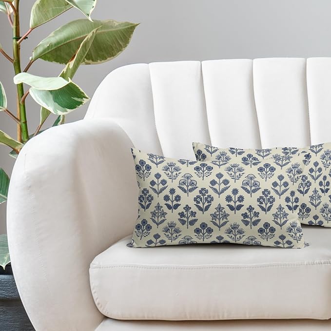 Dark Blue Floral Pillow Covers 12x20 Inch Set of 2, Block Print Lumbar Flower - Image 5