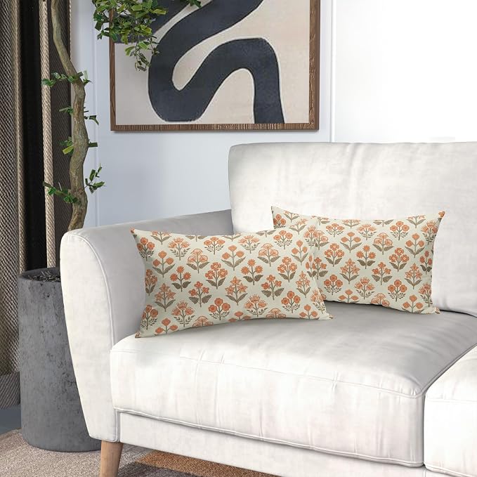 Brown Orange Floral Pillow Covers 12x20 Inch Set of 2, Block Print Lumbar - Image 6