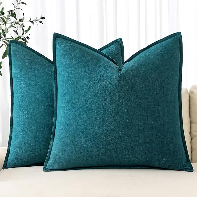 MIULEE Decorative Linen Pillow Covers 20x20 Inch Teal Blue ​Boho Farmhouse​ by MIULEE