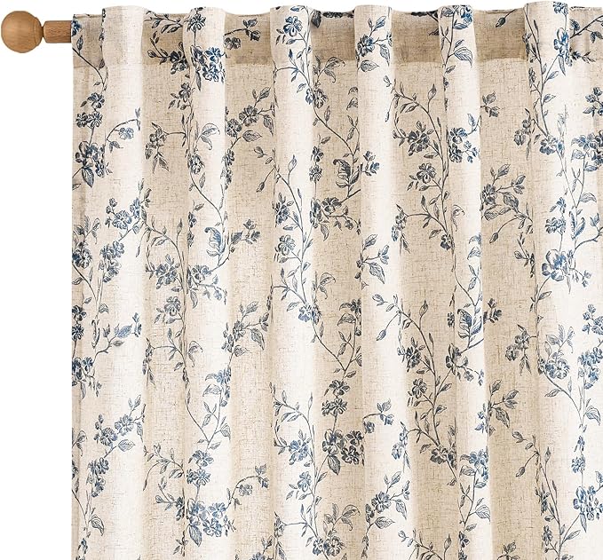 jinchan Linen Floral Curtains for Living Room 96 Inch Length Blue Printed - Image 2