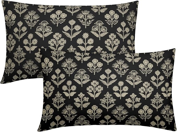 Black Pillow Covers 12x20 Inch Set of 2, Cream Floral Block Print Pattern by Sivirary