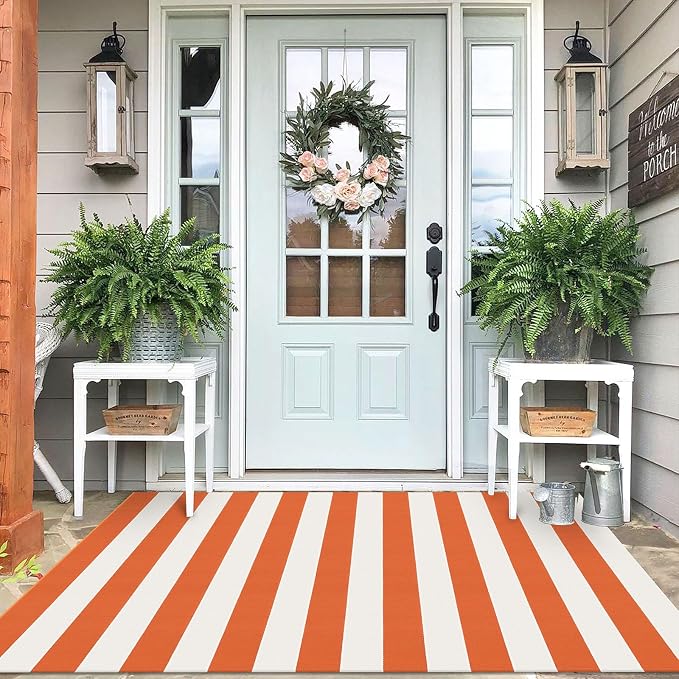 IOHOUZE Fall Door mat 4x6 Ft Orange White Striped Area Rug Washable Front Porch by iOhouze
