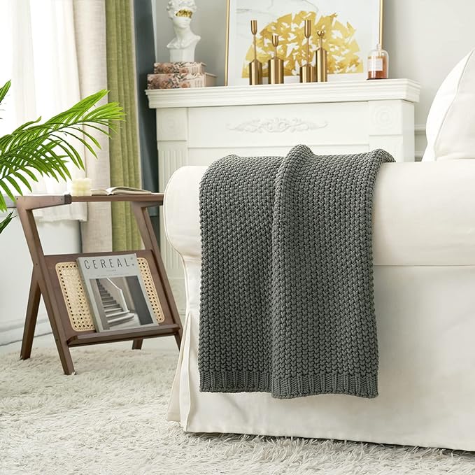 Chunky Cable Knit Throw Blanket Lightweight Grey 100% Organic Cotton Blanket - Image 2
