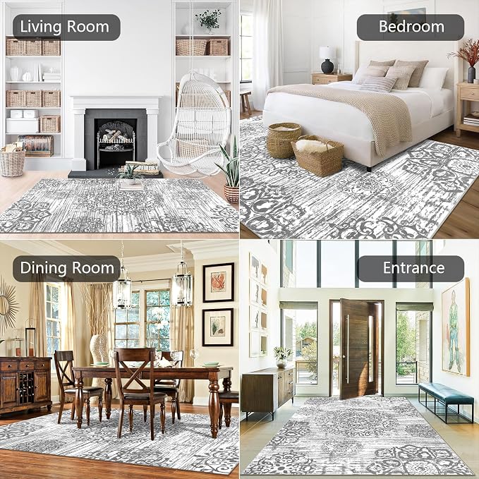 HEBE Washable Area Rug 6'x9' Non Slip Soft Distressed Medallion Bedroom & - Image 5