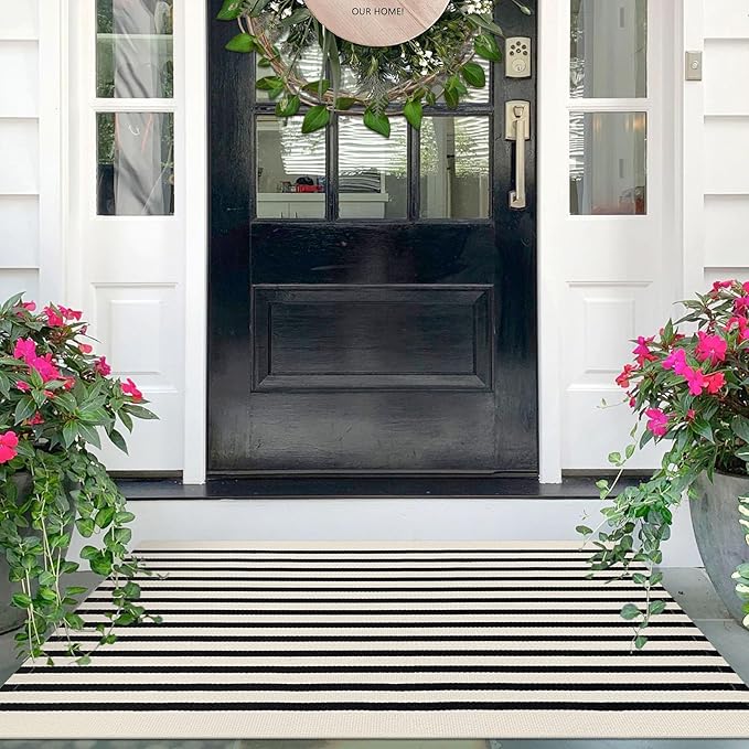 IOHOUZE Black Beige Striped Rug -2.3'x3.6' Front Door Rugs Outdoor, Small by iOhouze