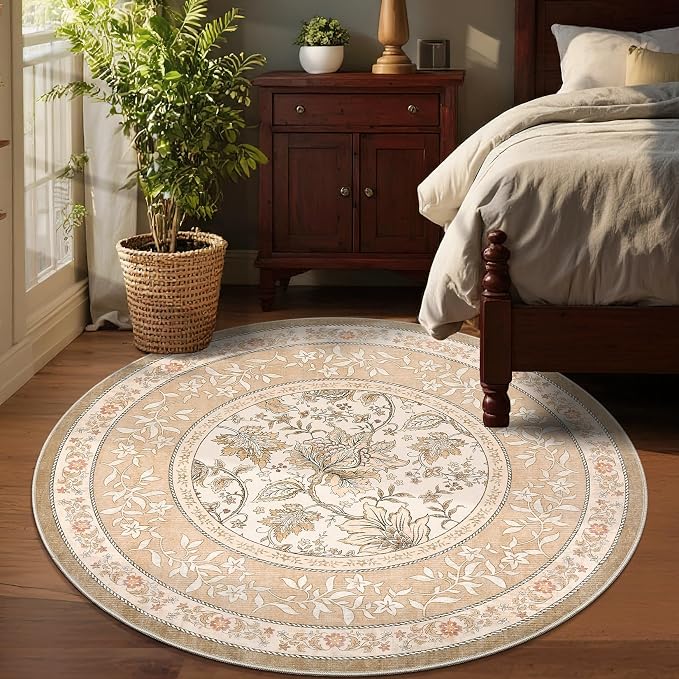 GarveeHome Pinkish Brown Botanical Grove 4ft Round Rug, Small Circle Vintage - Image 4