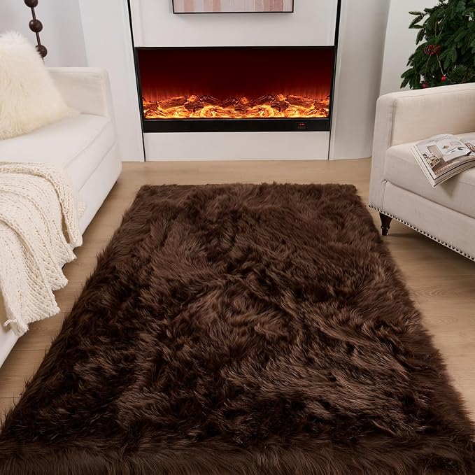 Fluffy Faux Fur Rug Coffee Sheepskin Area Rug, 3x5 Ft Ultra Soft Shaggy Plush by CKLZSAY