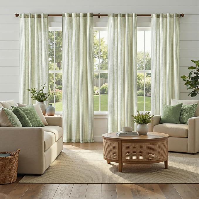jinchan Linen Curtains for Living Room Sage Green Striped Curtains for Bedroom - Image 3