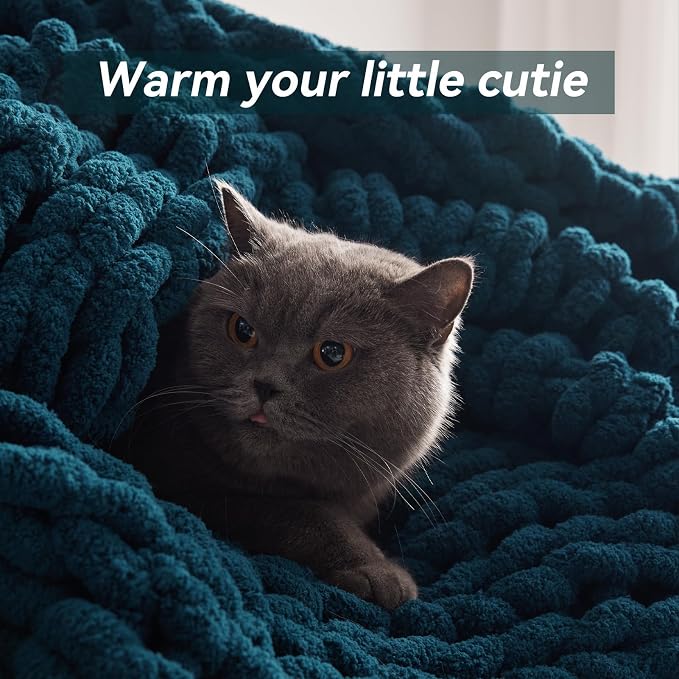 Negwoo Chunky Knit Throw Blanket, Handmade Peacock Blue Crochet Big Thick - Image 4