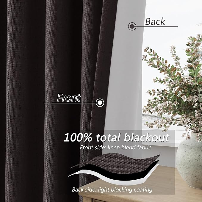 Guken Cocoa Coffee 100% Blackout Linen Curtains 96 Inch Length 2 Panels Set - Image 4
