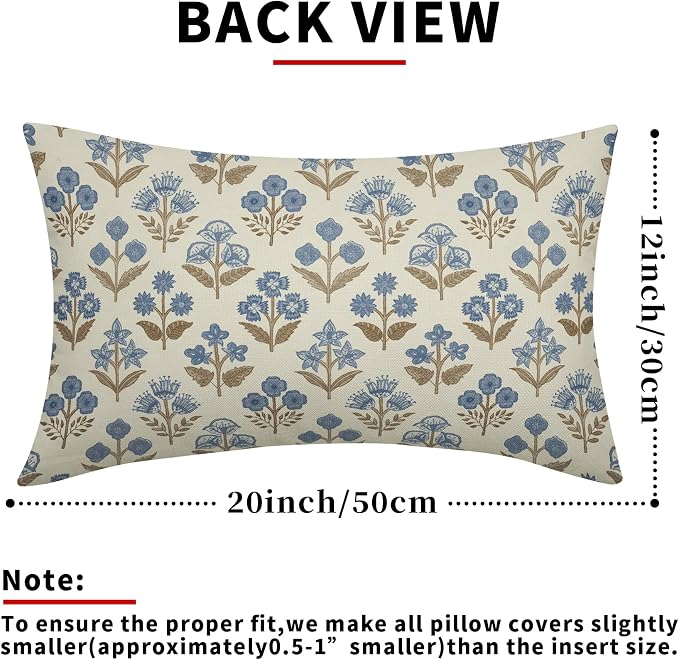 Brown Blue Floral Pillow Covers 12x20 Inch Set of 2, Block Print Lumbar Flower - Image 3
