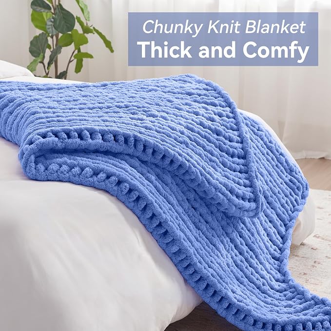 Negwoo Chunky Knit Throw Blanket, Handmade Light Blue Crochet Big Thick Blanket - Image 5