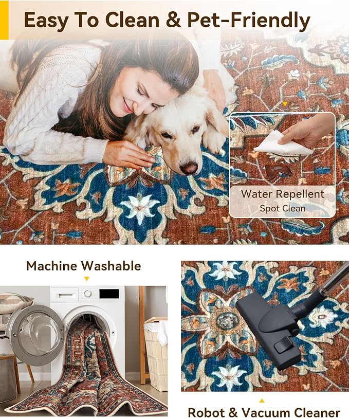 Area Rugs 6'x9' Washable Non-Slip, Floral Vintage Distress Print Pattern - Image 4
